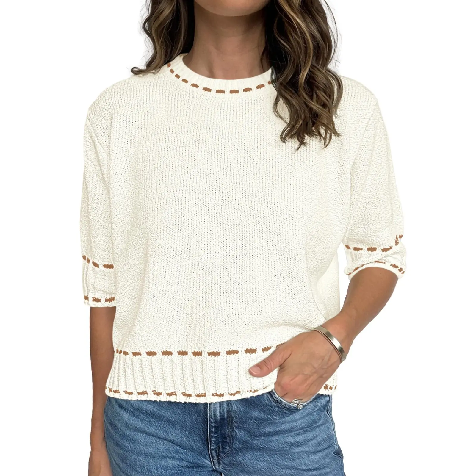 Saodimallsu Women's Cropped Short Sleeve Sweater, Casual Crew Neck Lightweight Acrylic Knit Pullover Top for Summer, Sweaters, Fabric, Knitwear, Half Sleeve, Casual Wear, Hand Wash, Crop Women's Pullovers, Baggy, Clothes, Polyamide, Lightweight Knit, Roun