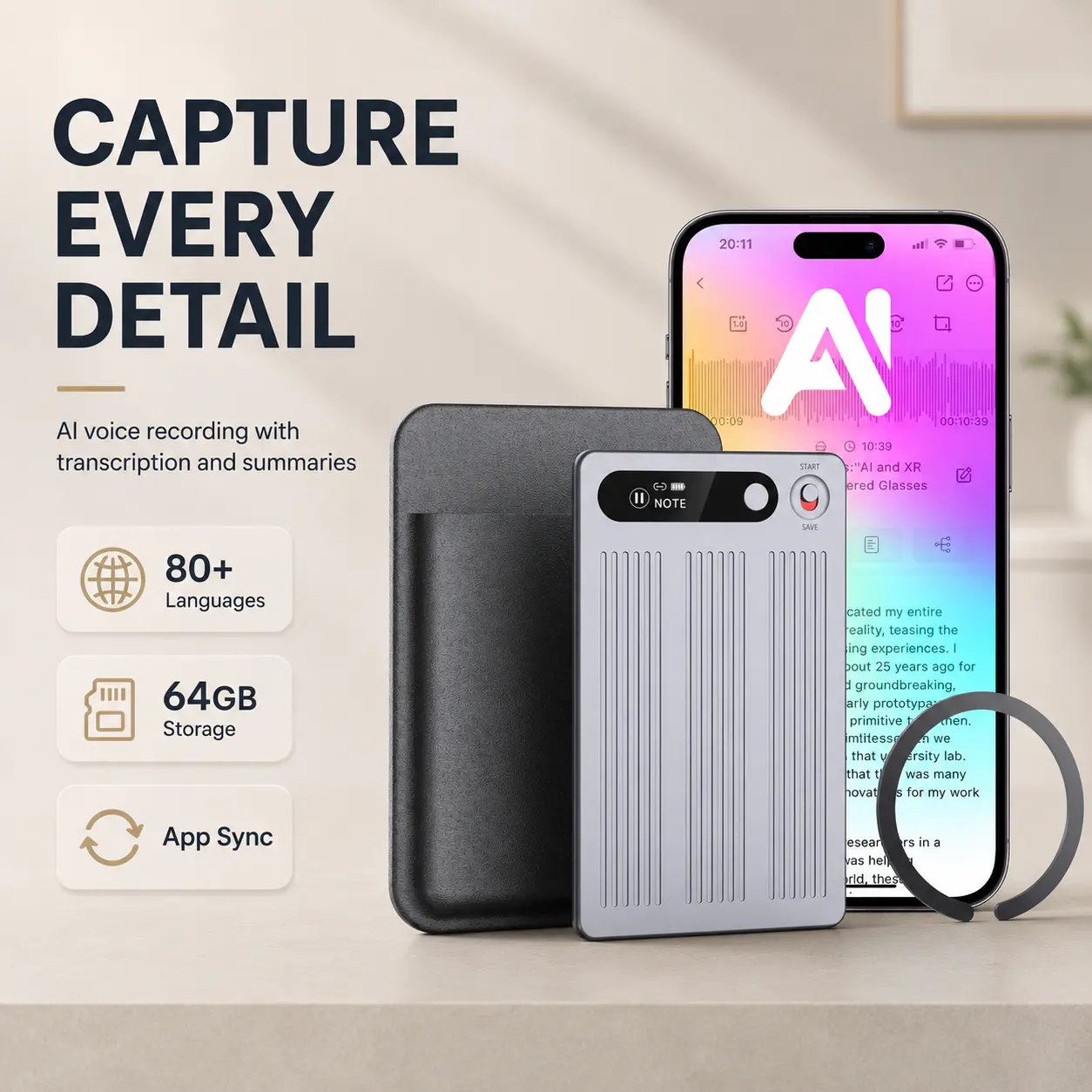Portable AI Audio Recorder with Magnetic Attachment, 64GB Memory, App-Controlled Recording, 80+ Language Speech-to-Text, Automatic Summarization and Playback for Work and Everyday Use