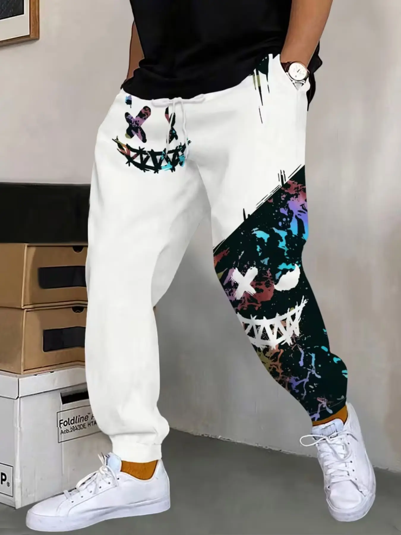 Trendy Streetwear 3D Digital Print Sweatpants for Men, Unique Smile Graffiti Cuffed Casual Pants, Youth Fashion Sportswear for Fall & Winter
