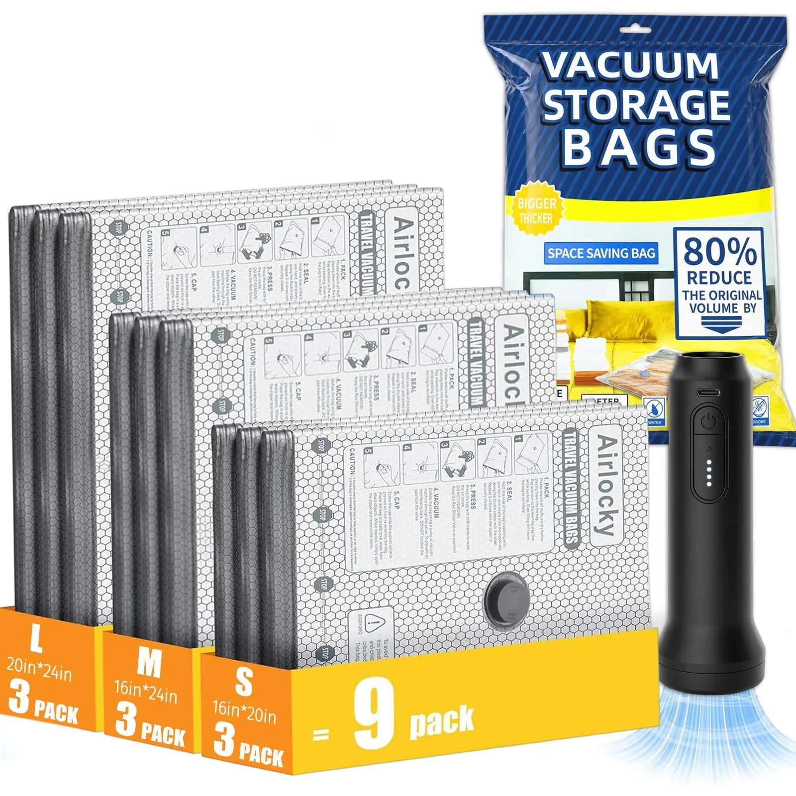 Vacuum Storage Bags 15 Pack Cordless Travel Vacuum Bag Set with Electric Pump Space Saver Compression Bags for Comforters Blankets Clothes Travel Essentials