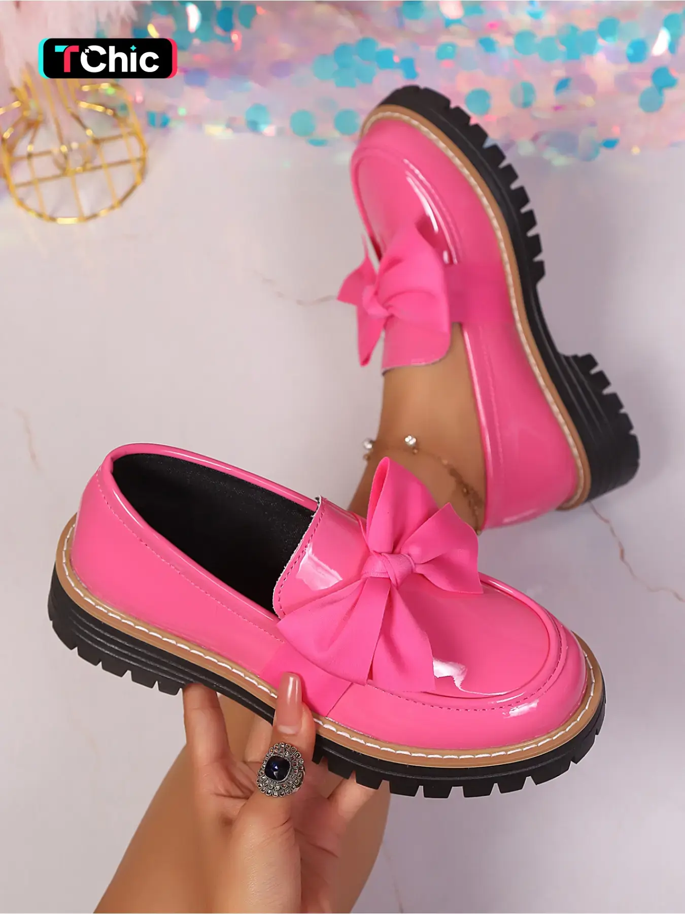 Women's fashionable and sweet bowknot slip-on thick-soled flatform loafers, Slip Ins Shoes, non-slip, college-style, comfortable height-increasing shoes suitable for dating, daily wear, holidays, and parties