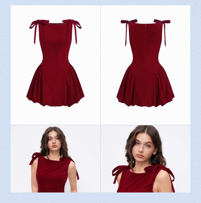 Cider Velvet Boat Neck Bowknot Bubble Hem Mini Dress