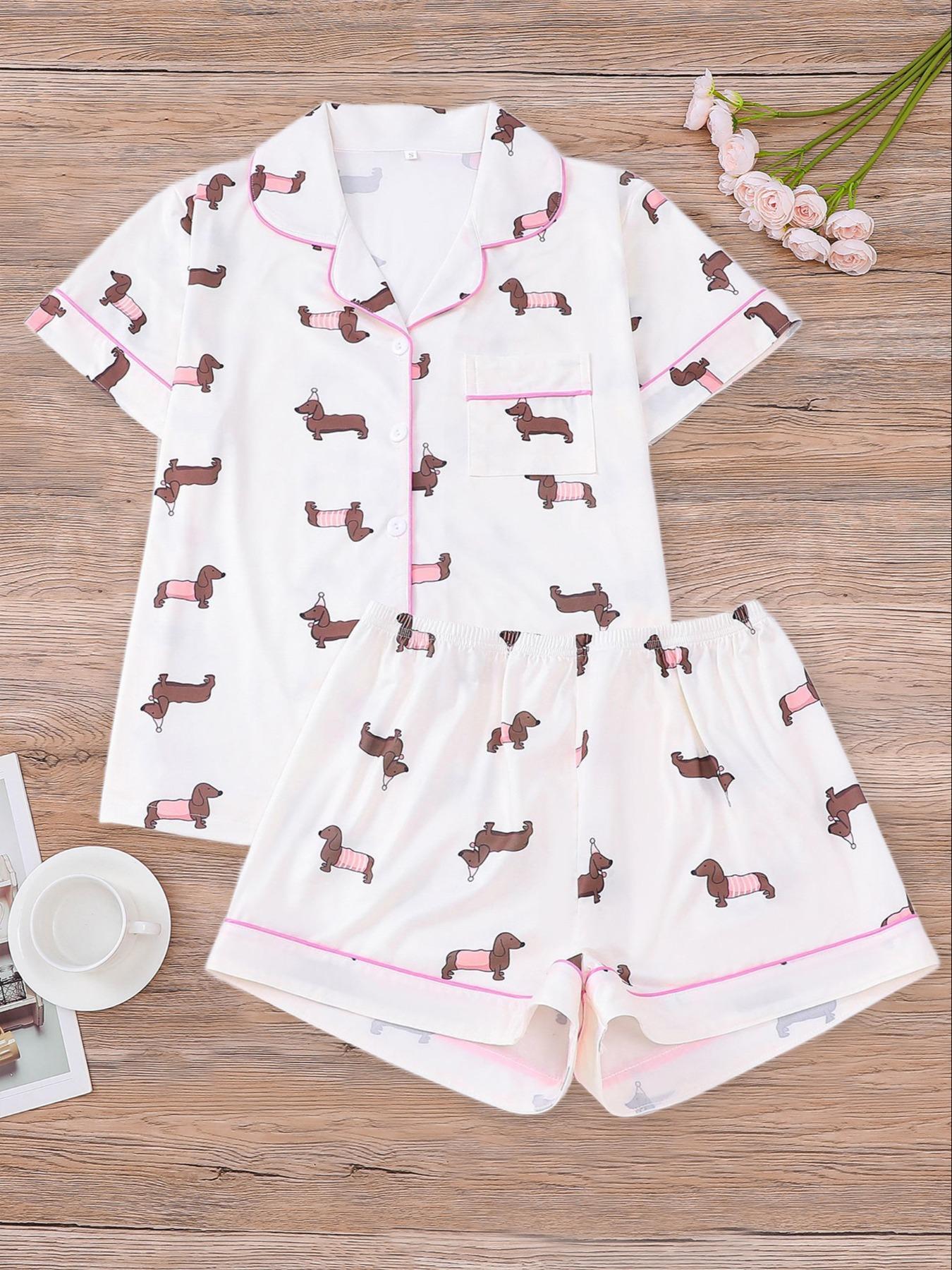 Women's All Over Dachshund Print Shirt & Elastic Waist Shorts Pyjama Two-piece Set, Casual Comfy Short Sleeve Collared Top & Shorts PJ Set, Ladies Sleepwear for All Seasons, Loungewear, Pajama Set, Pajamas