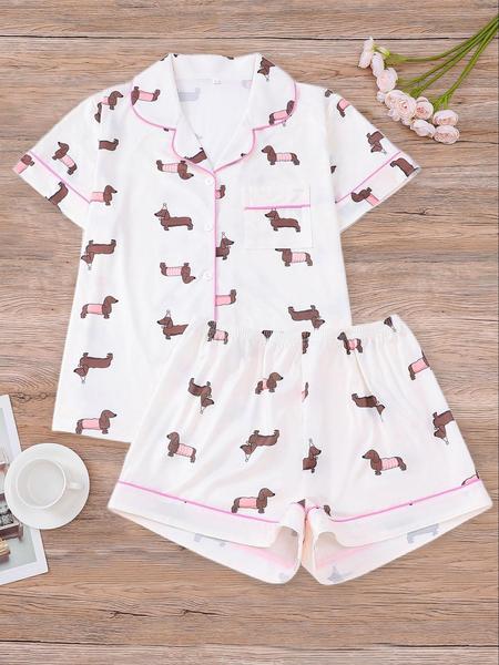 Women's All Over Dachshund Print Shirt & Elastic Waist Shorts Pyjama Two-piece Set, Casual Comfy Short Sleeve Collared Top & Shorts PJ Set, Ladies Sleepwear for All Seasons, Loungewear, Pajama Set, Pajamas