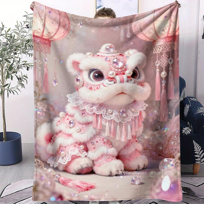 National Trend Theme Printing Blanket, Facecloth Blanket, Into The Traditional Culture, Embellished with Chinese Lanterns and Glitter Effect, Suitable for Sofa, Bedroom and Travel, Suitable for All Seasons