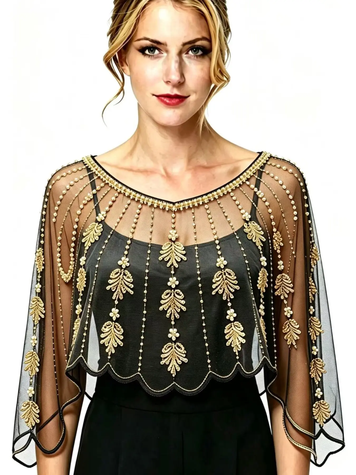 Shawl, Net Sequin Palm Leaf Embroidery, Party Style Short Cape, Evening Wedding Dress Outerwear, One Size, One Piece Shawl