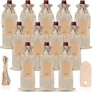 boboom 12 Pcs Burlap Wine Bags and 12 Pcs Gift Tags, Reusable with Drawstrings, Jute Wine Bottle Covers, Bottle Bags for Party, Wedding, Birthday, Christmas