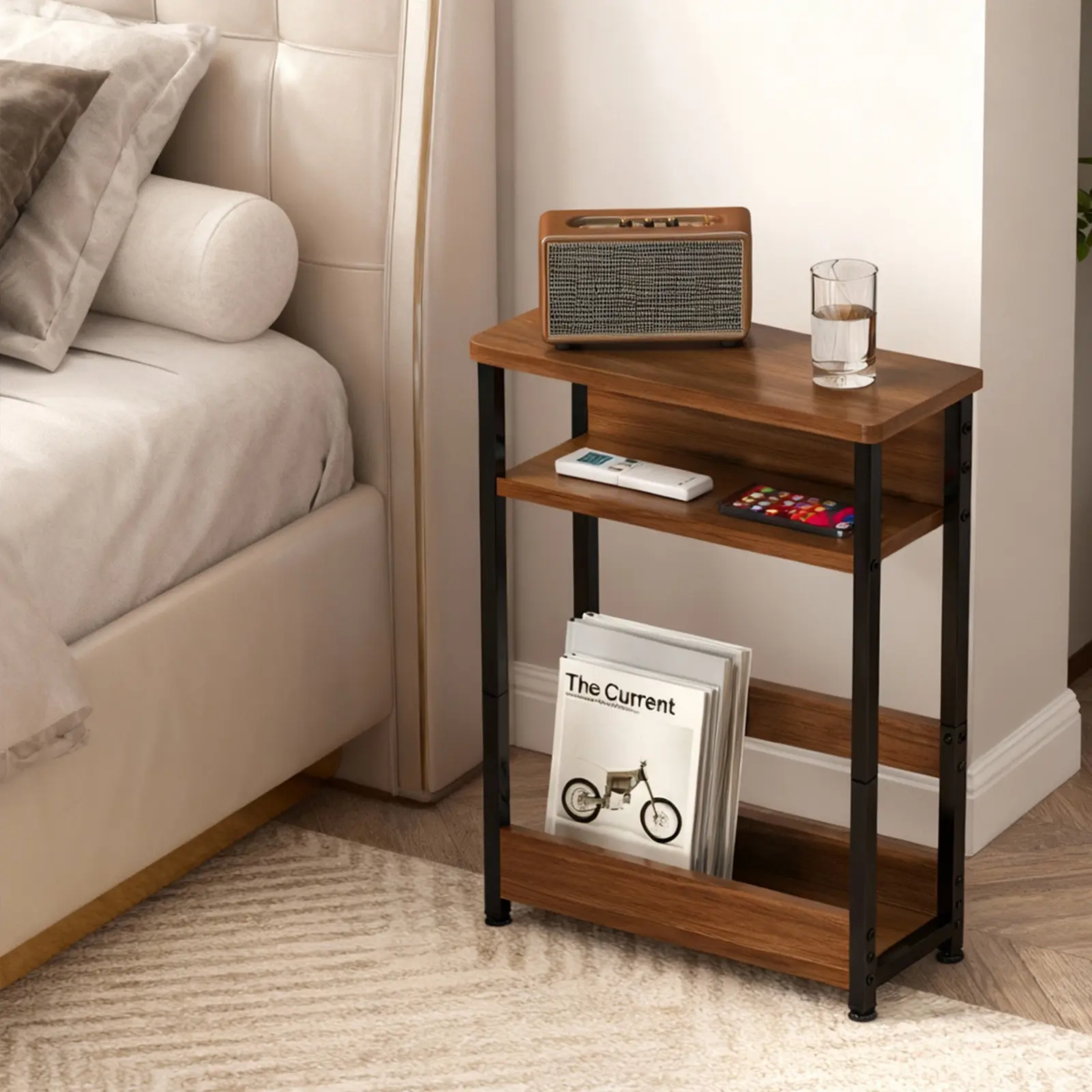 Space-Saving Narrow Side Table with 3-Tier Storage Shelf & Magazine Rack, Thin Sofa Side Table for Small Spaces,Narrow Bedside Table with Storage Shelf for Living Room,Bedroom,46 x 20 x 64cm