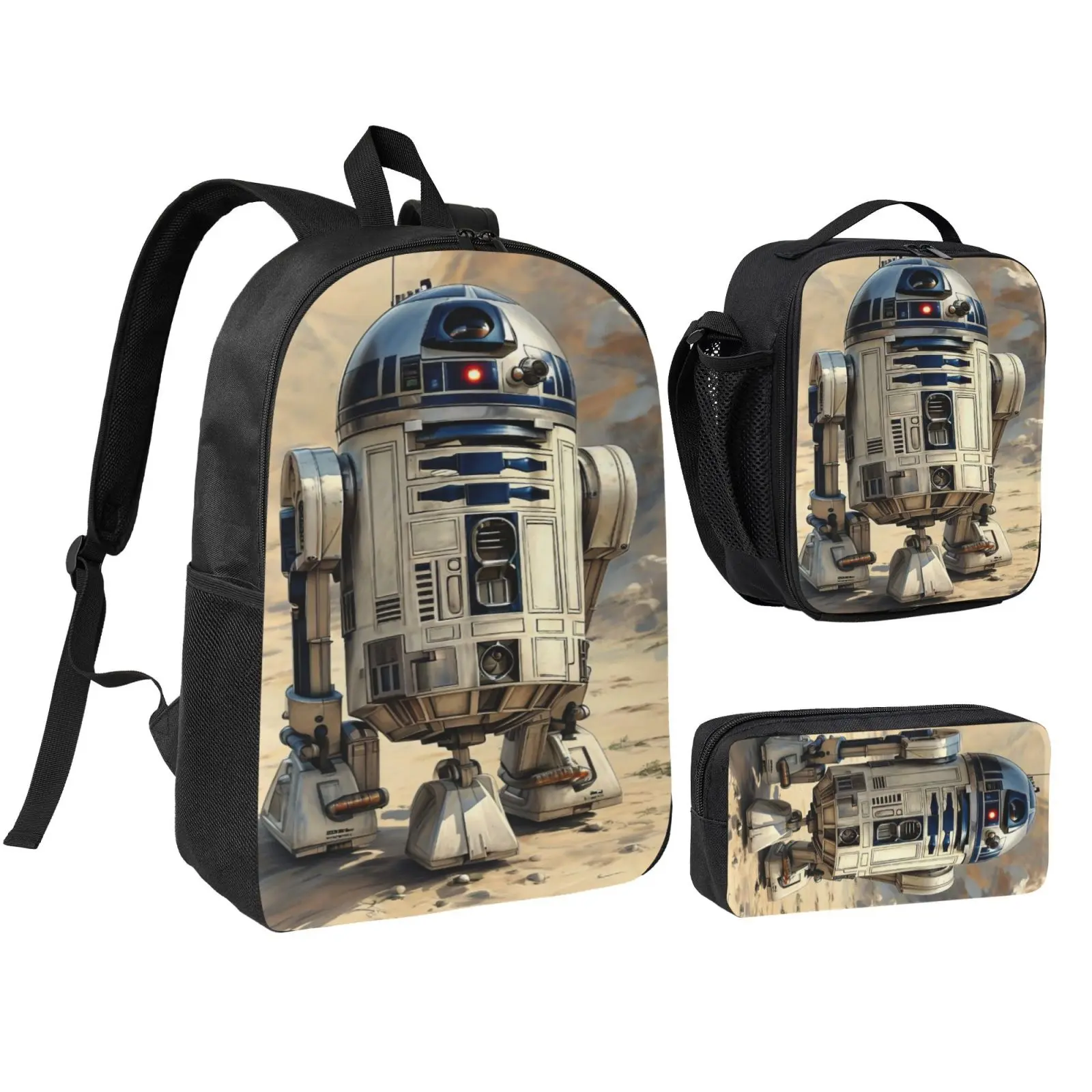 Anime R2d22 Kids 3Pcs Multipurpose Teen Backpack Set with Adjustable Shoulder Straps, School Bookbag, Insulated Lunch Box & Pencil Bag for Boys Girls Daily School Travel Office