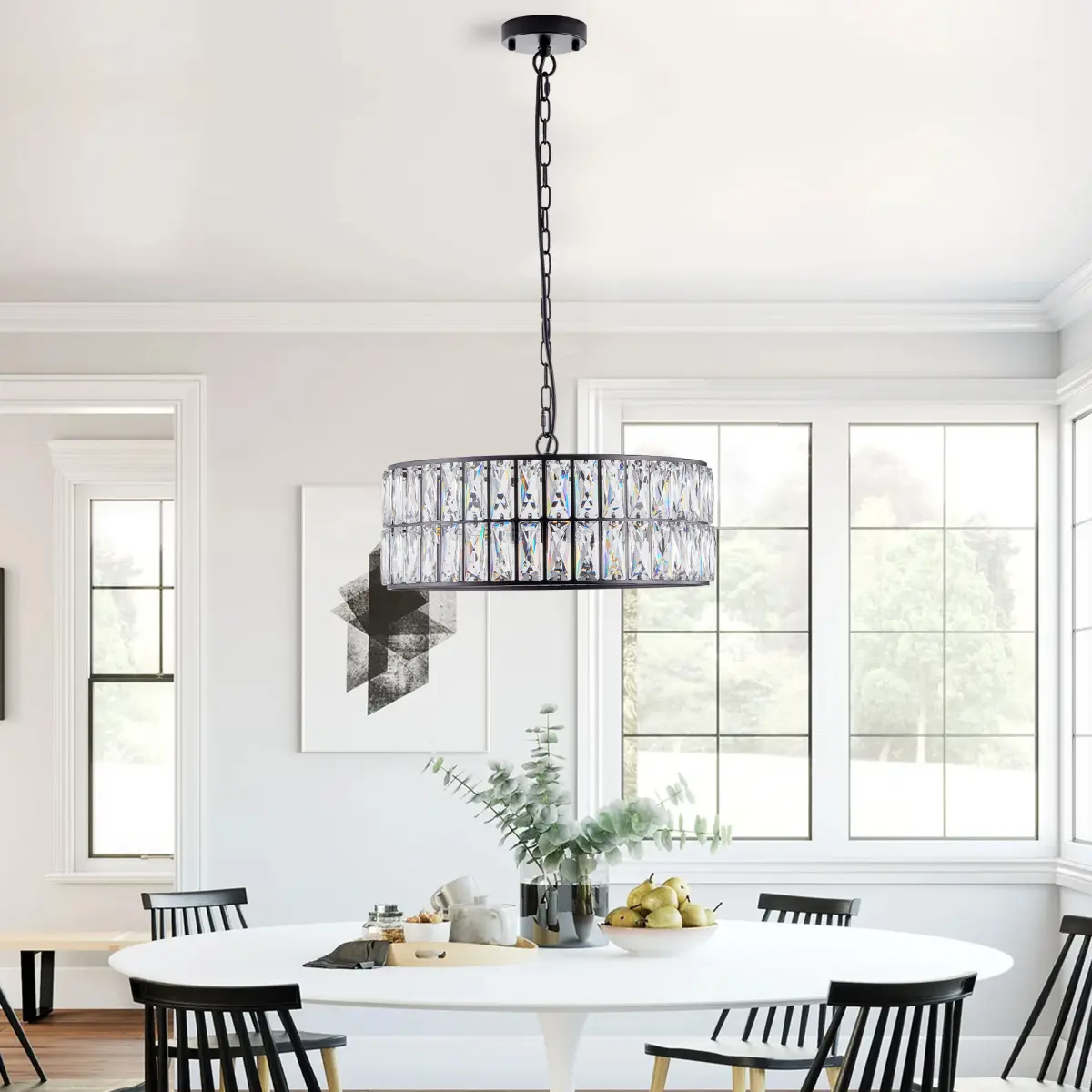 18" Black Modern Crystal Drum Chandelier, 6-Light Pendant Lighting Fixture with Metal Frame for Living Room, Dining Room, and Bedroom (Bulbs Not Included)