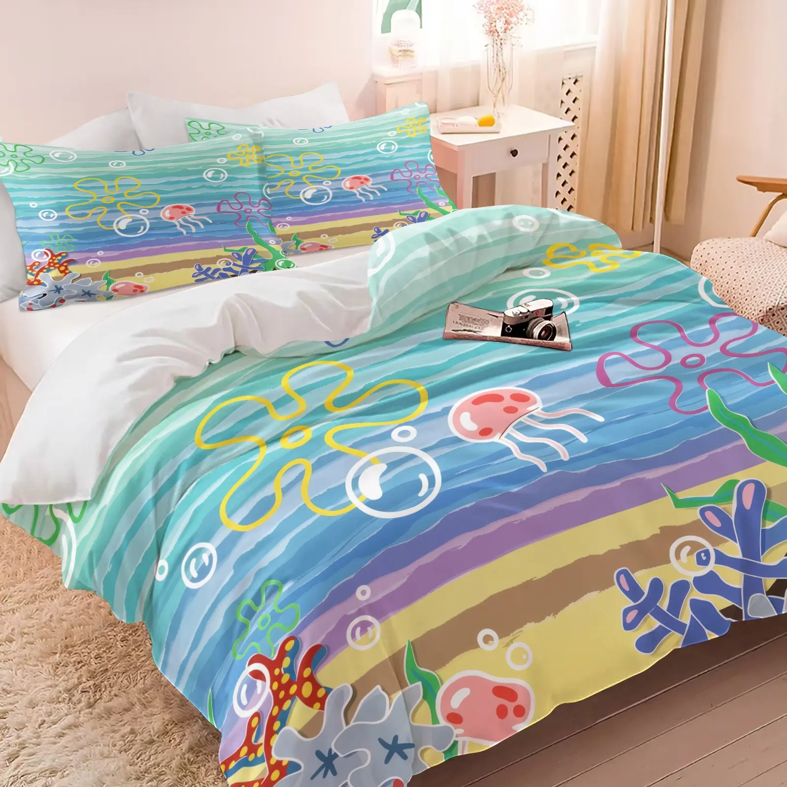 Cartoon Underwater Ocean Jellyfish Coral Print Duvet Cover Set, 1 Duvet Cover & 1/2 Pillowcases No Filling, Soft Microfiber, Cute Nursery Decor Gift for Toddler Kids, Boys Girls Bedroom Print Bedding Set