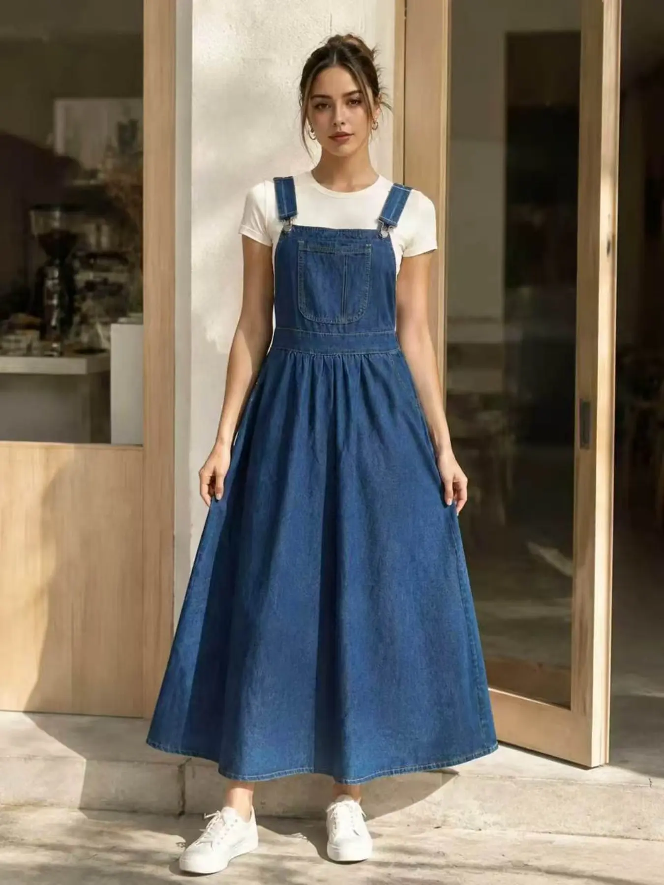 French Country Style Basic Deep Blue Denim Bib Skirt, Adjustable Straps, Waist Cinch, Perfect for Outdoor Activities, Casual Wear