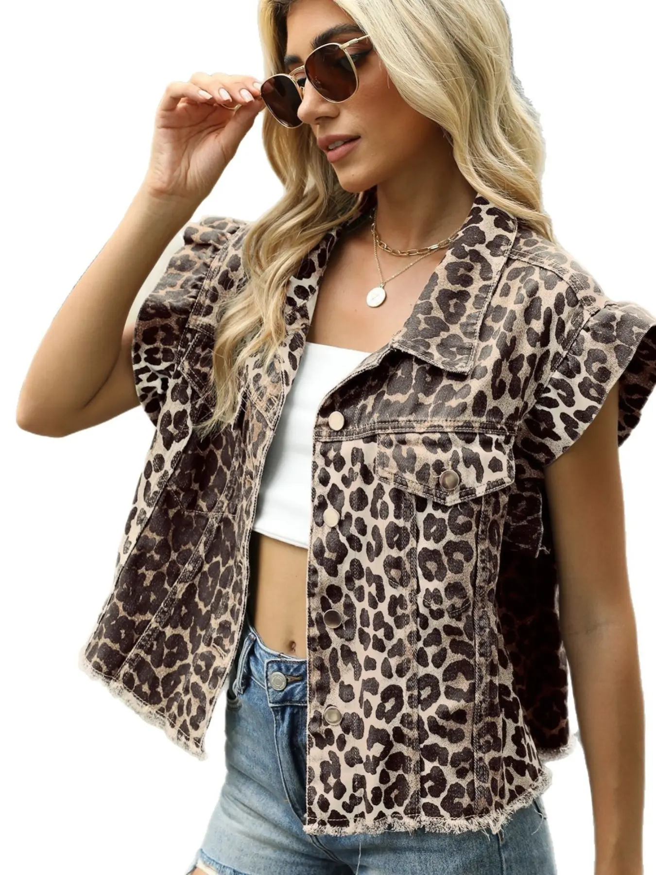 Women's Leopard Print Denim Vest, Turn-Down Collar Single Button Fly Sleeve Edge Casual Sleeveless Outerwear Tank Top Summer