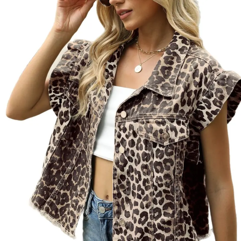 Women's Leopard Print Vest, Turn-Down Collar Single Button Fly Sleeve Edge Casual Sleeveless Outerwear Tank Top