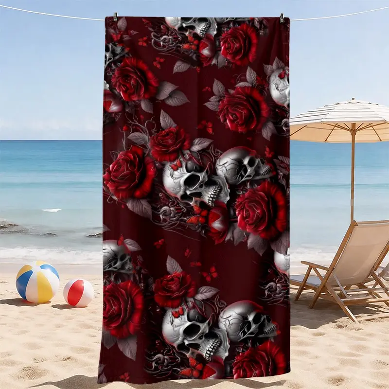 Gothic Skull Rose Beach Towel, Dark Aesthetic Pattern, Super Absorbent and Sand Resistant, Soft Lightweight Towel for Beach Vacation Pool Outdoor Use, Statement Gift
