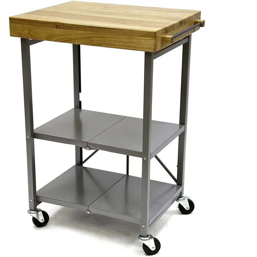 Origami 3-Shelf Kitchen Cart with 2inch Wood Top, Powder Coated Steel Frame and Wheels, Foldable, No Assembly Required