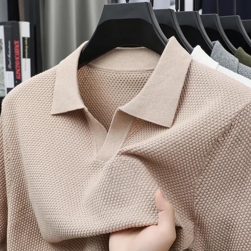 Kyn Apparel New Summer Seagull Collar Pineapple Knit Short Sleeve T-Shirt, Fashion Men's V-Neck Polo Shirt