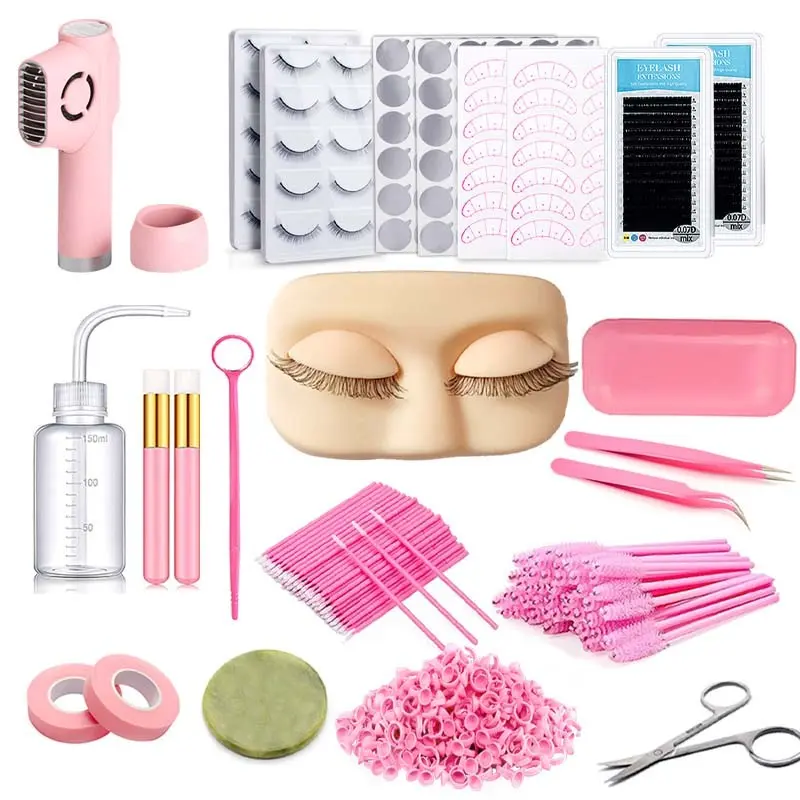 Professional Eyelash Extension Beginner Practice Set, Eye Makeup Tools, Includes Model Head, USB Lash Fan, Tweezers & False Lashes for Training and Makeup Practice