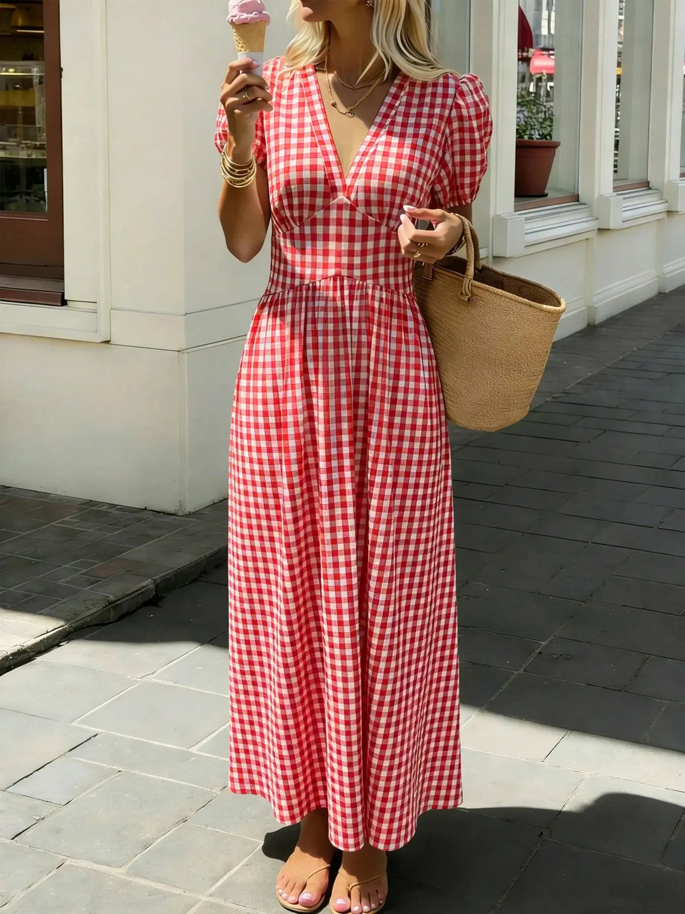 This Gingham Dress is Effortless French Summer Chic Puff Sleeve A-Line Maxi Dress Casual Beachy Style Dress Beach Sundress Casual Dresses