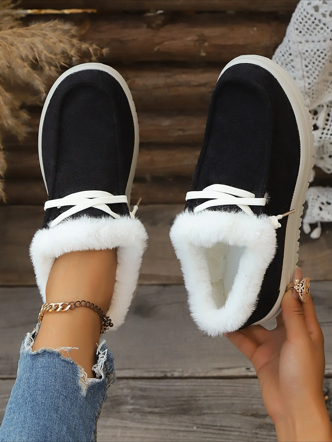 Fleece lined warm low-top winter shoes with fluffy cuff lace-up lightweight non-slip sole multi-color casual women warm footwear