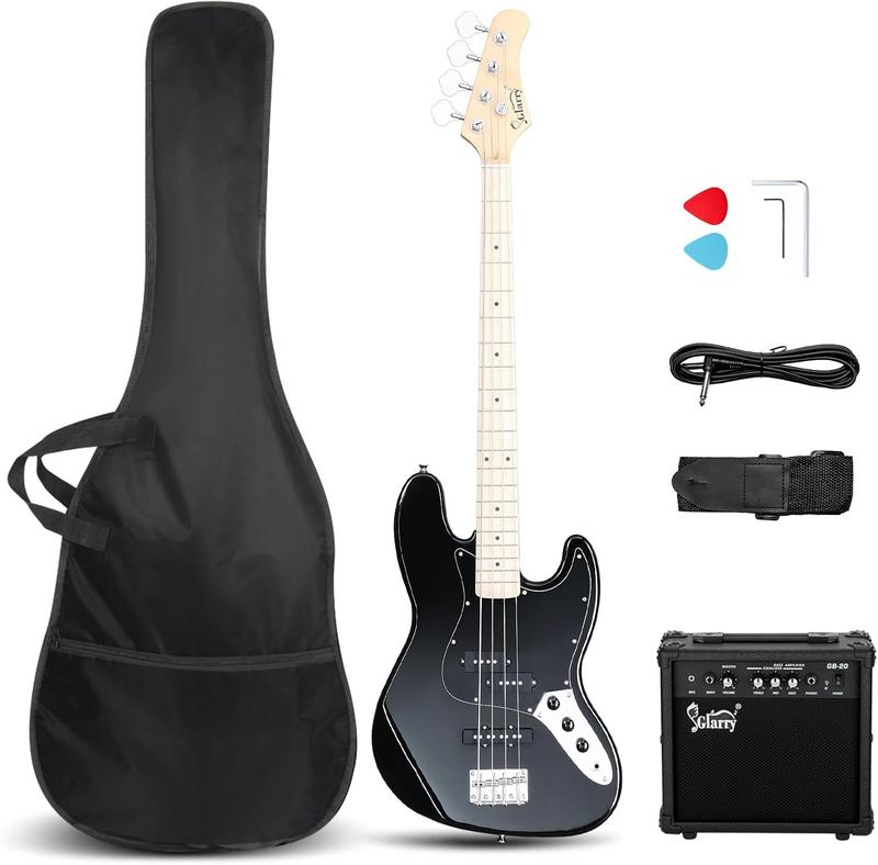 GLARRY Bass Guitar Full Size 4 String Exquisite Stylish Bass with Guitar Bag Power Line and Wrench Tool (Black, With AMP)