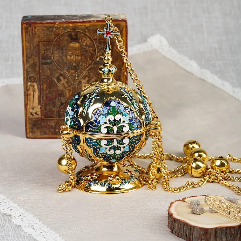 Orthodox Hanging Incense Burner with 19.68 Inch, 6.5 inch Gold Plated Spherical Enamel Church Censer with Golden Bells and Rhinestone Cross Top, Detachable Incense Bowl for Home Altar Liturgy Religious Gift