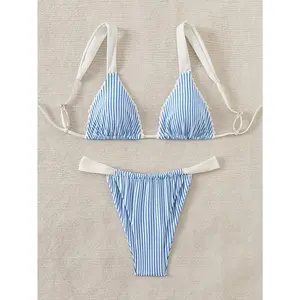 Women's Blue White Vertical Striped Contrast Strap Triangle Bikini Set, Scalloped Edge High Cut Cheeky Two Piece Bathing Suit, Soft Stretch Summer Swimwear for Beach Pool Vacation Resort Swim Outfit