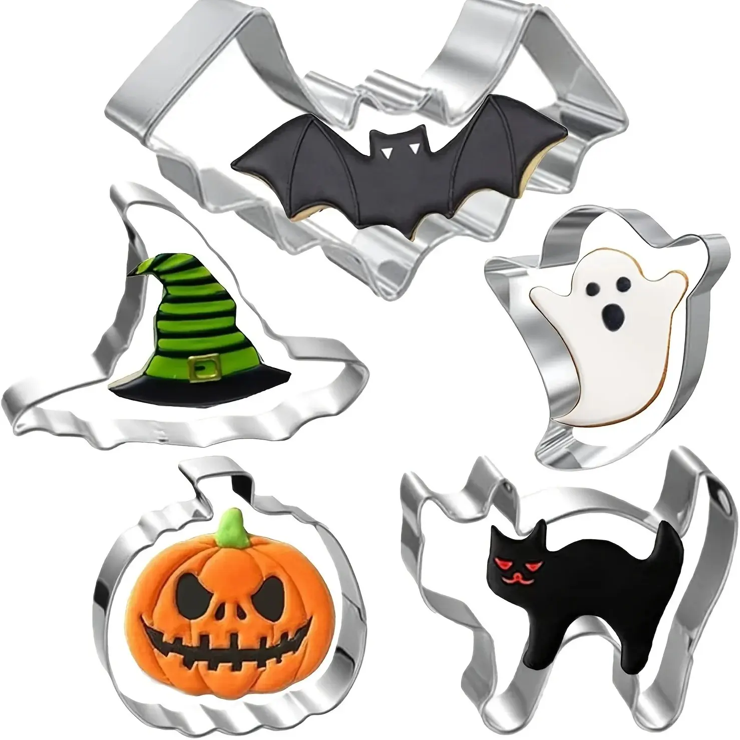 Stainless Steel Halloween Cookie Mold Set, Includes Bat, Witch Hat, Ghost, Jack Pumpkin, Cat, Perfect for Baking and Crafting