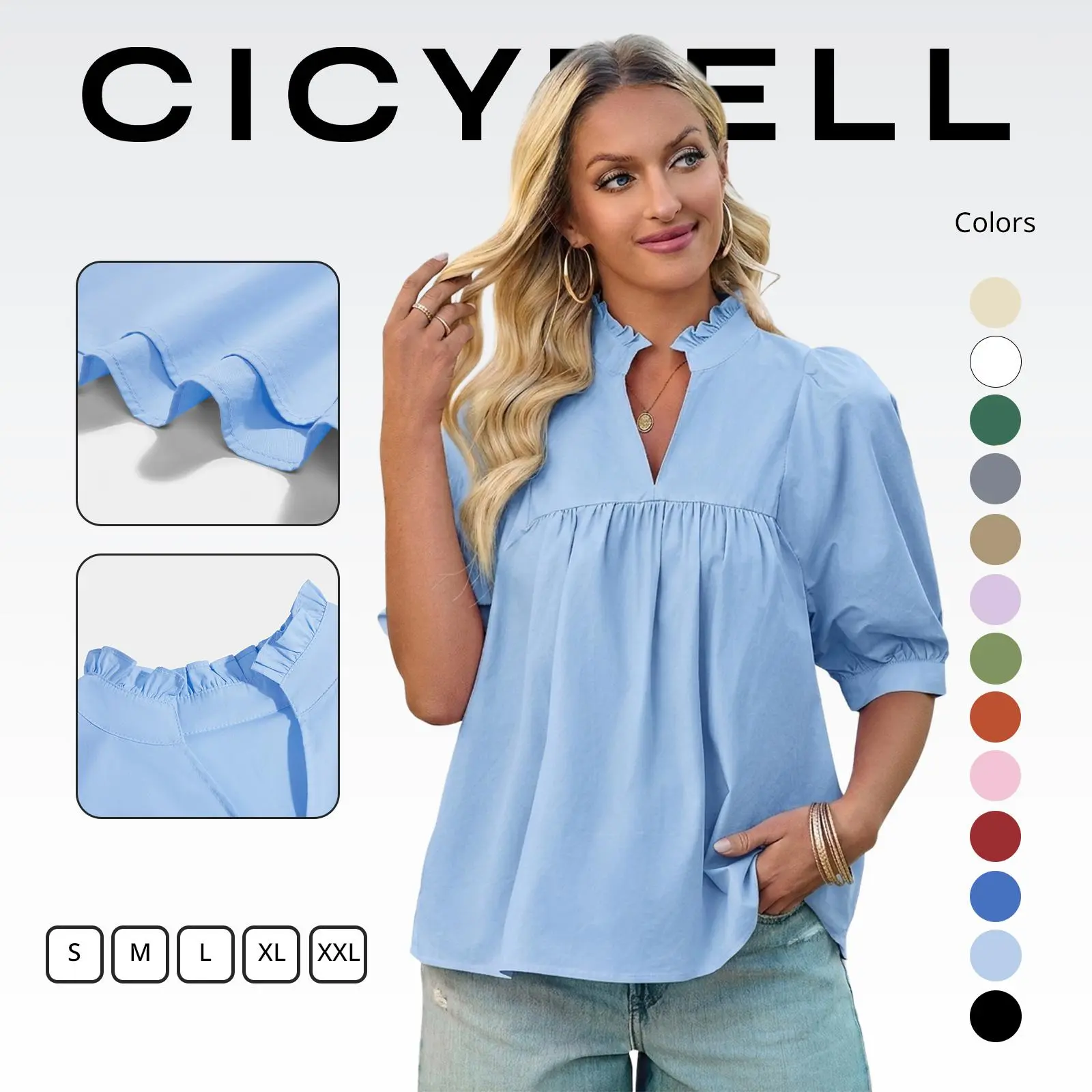 Cicy Bell Women's V-Neck Puff Sleeve Cotton Blouse - Minimalist, Breathable Fabric, Babydoll Peplum, Pleated Loose Fit, Dressy Casual Shirts (Short-Sleeve Option Available),clothes for back to school,first day of school outfits