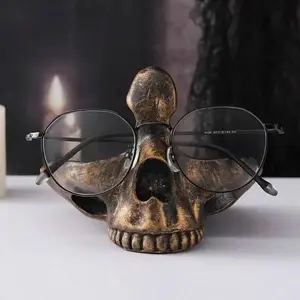 Novelty Skull Glasses Holder with Tray, Resin Eyeglasses Display Stand, Desktop Organizer Home Office Decor, Perfect Halloween & Holiday Gift