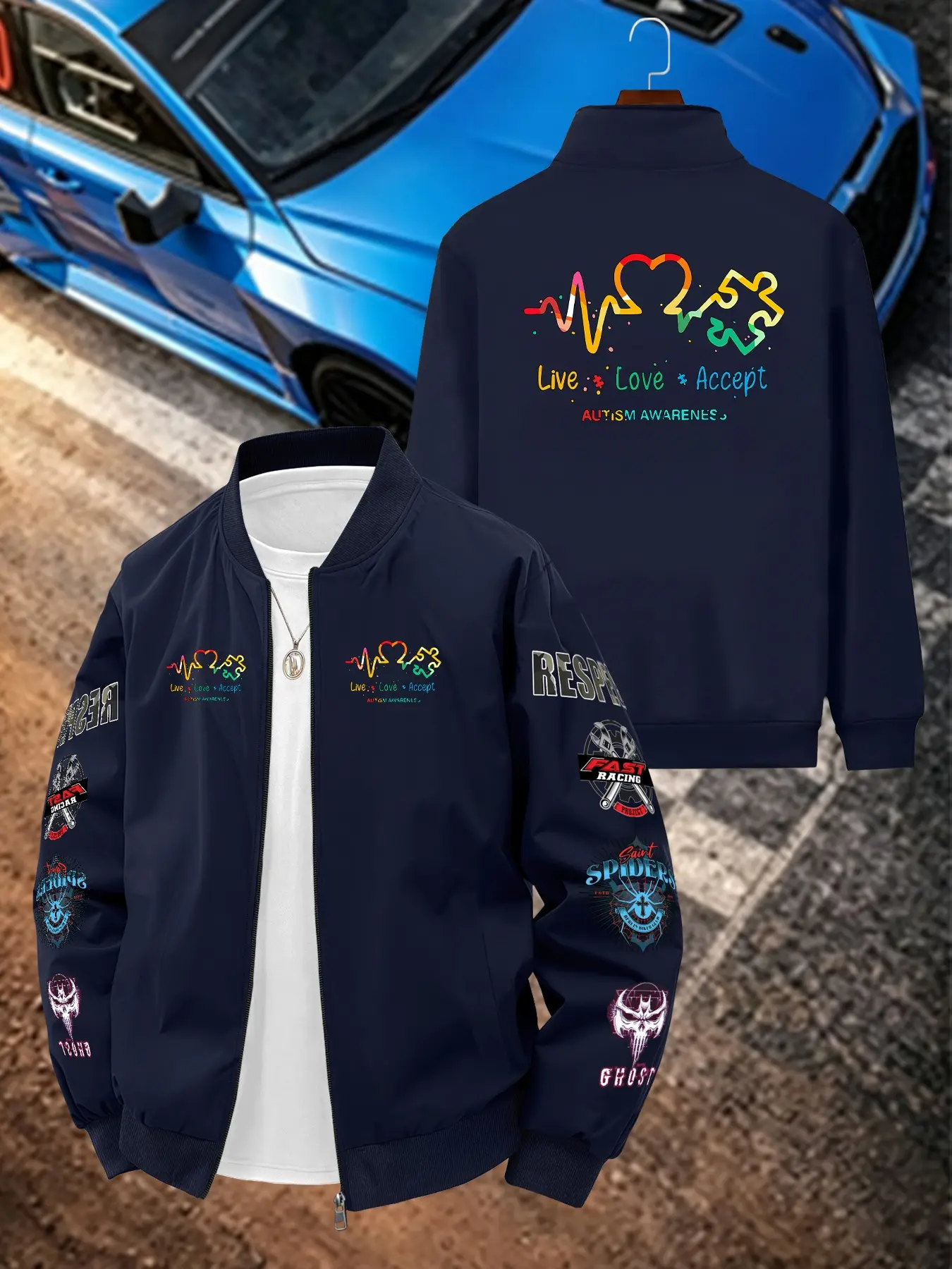 Rainbow Heart Puzzle Print Men's Casual Jacket, Long Sleeve Loose-Fit Outerwear, Geometric Pattern, All Seasons Fashion