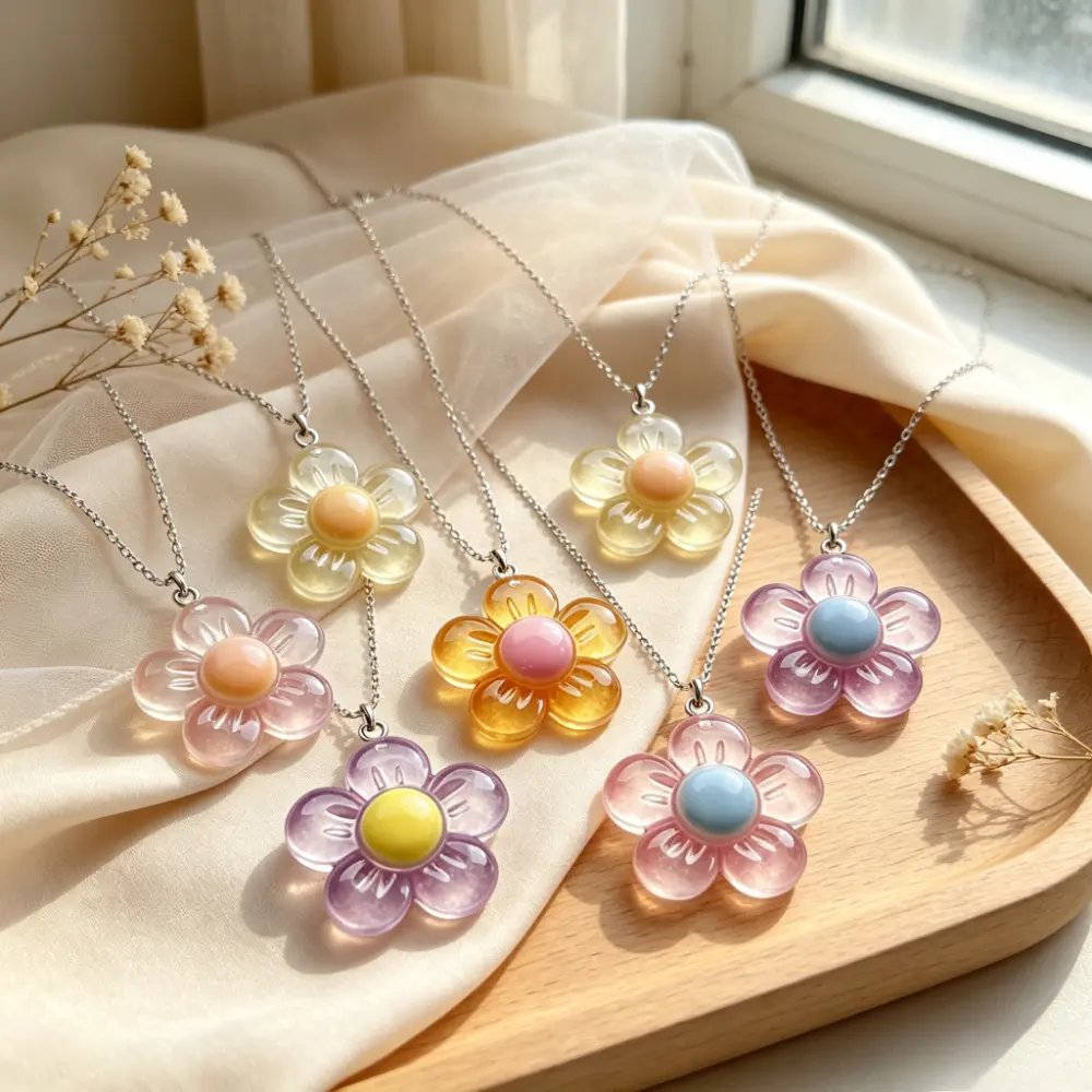 6pcs/set  Pastel Transparent Resin Flower Necklace Set, Delicate Pendant Choker, Casual / Vintage Country Style Layered Jewelry Set for Women & Girls