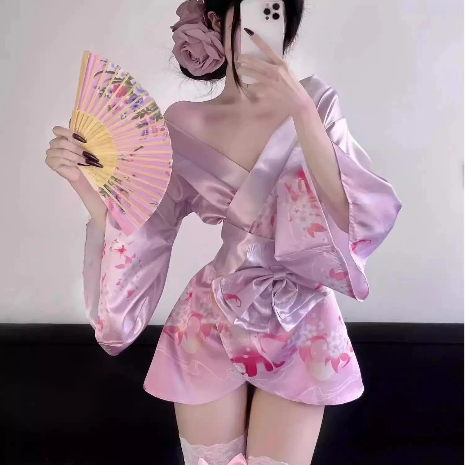 Sexy Tokyo Girl Sleepwear Deep V Floral Print Anime Kimono Style Home Clothes Set Comfortable Breathable Polyester Fabric