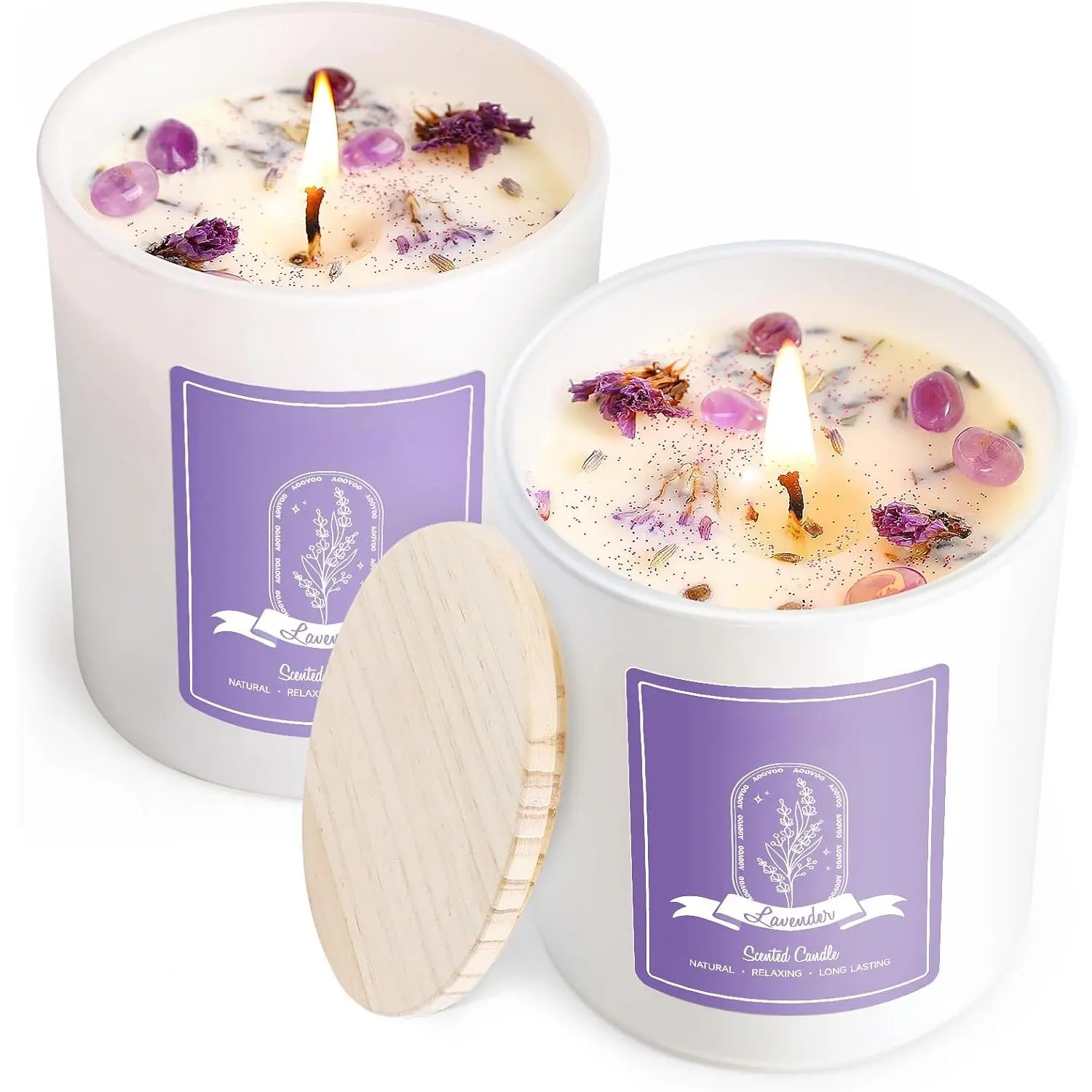 Lavender Scented Candle Set 2 Pack - Aromatherapy Candle with Crystals Inside, 14oz Soy Candles for Home Scented, Birthday Gifts Mothers Day Candle for Women Mom