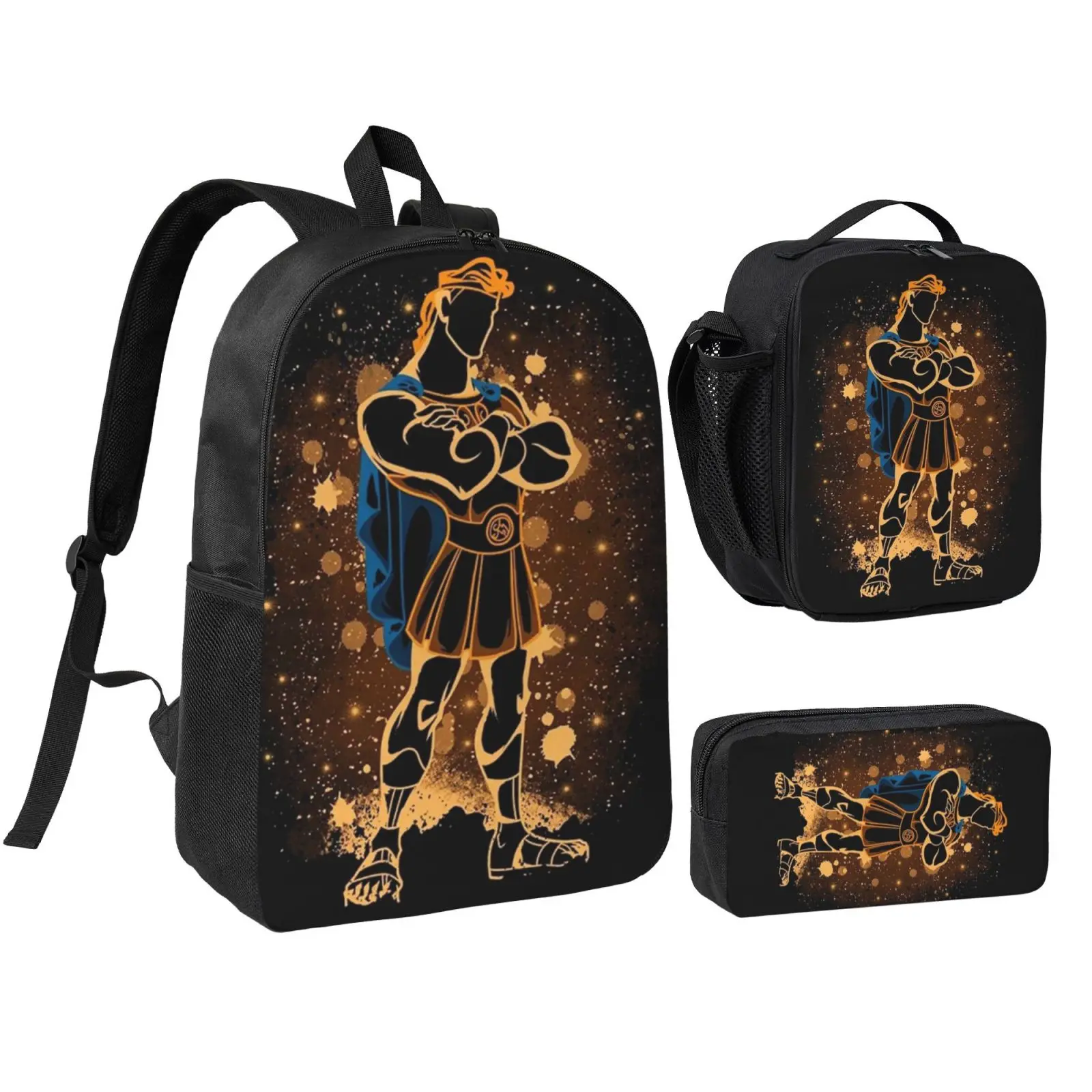 Anime Hercules4 3Pcs School Backpack Set for Teens Boys Girls, Adjustable Strap Kids Bookbag with Insulated Lunch Bag & Pencil Case, Lightweight Travel Office Daypack