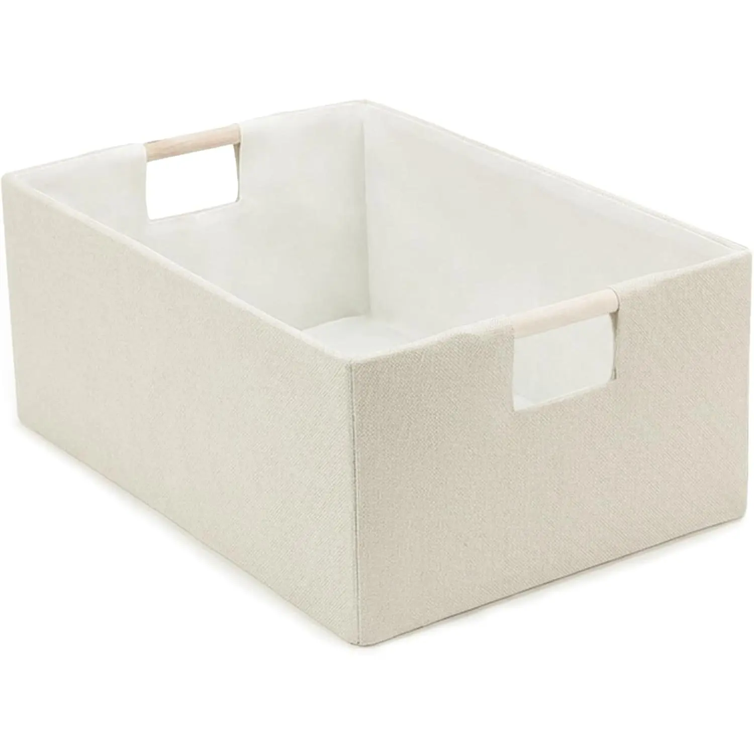 Foldable Fabric Storage Basket for Shelves, Linen Decorative Storage Bin with Wooden Handles, Small Organizer Cube for Closet, Rectangle Canvas Box for Organizing, Decor, 15x10.6x6 Inches (Beige)