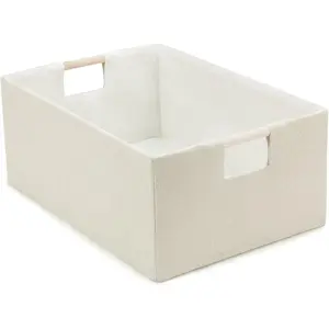 Foldable Fabric Storage Basket for Shelves, Linen Decorative Storage Bin with Wooden Handles, Small Organizer Cube for Closet, Rectangle Canvas Box for Organizing, Decor, 15x10.6x6 Inches (Beige)