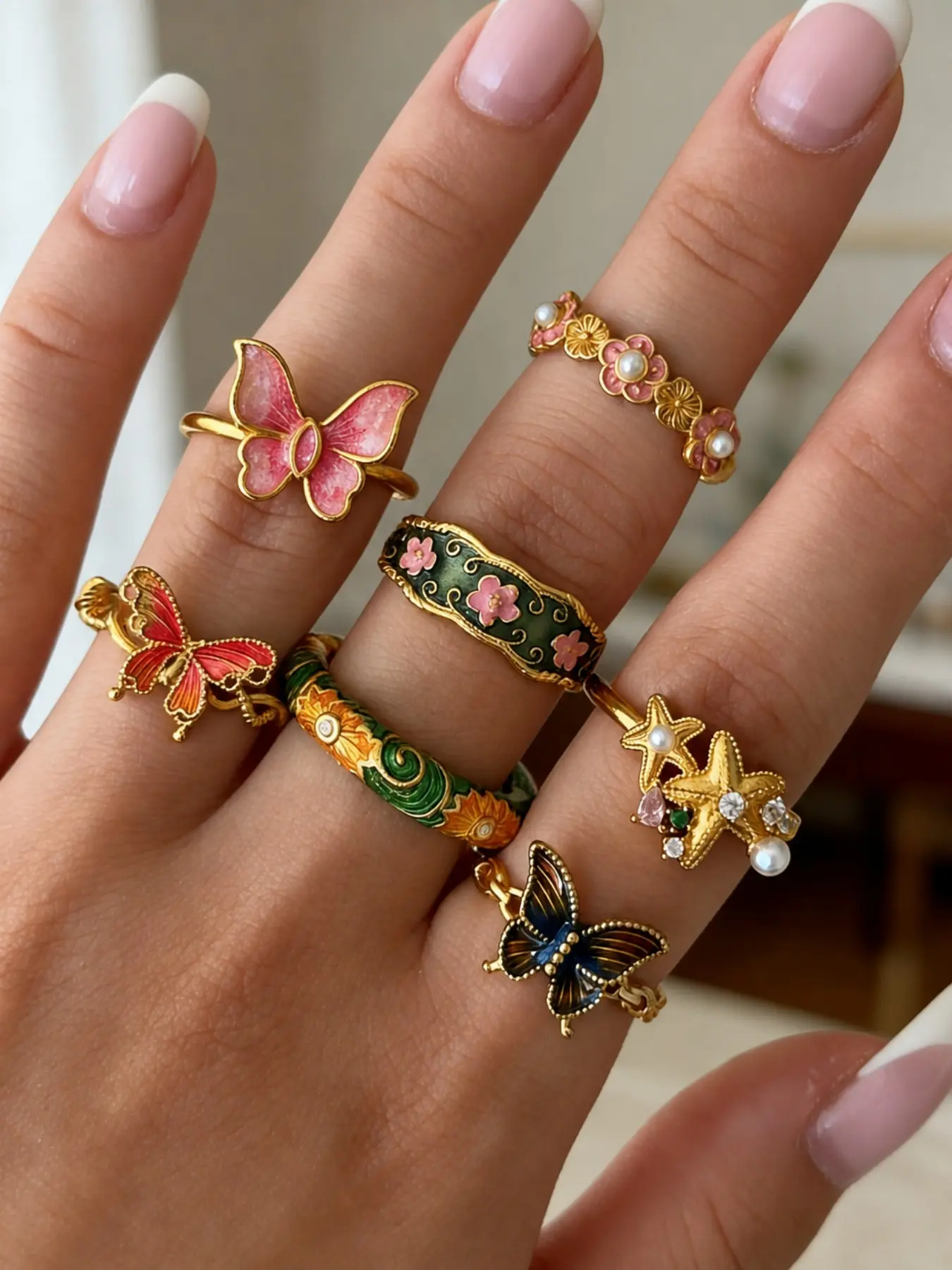 Mother's Day Gift 7-Piece Fashion Retro Enamel Oil-Drip Butterfly & Floral Ring Set, Pearl Accented, Stackable Style, Stackable Finger Rings, Dainty Stacking Rings, Light Luxury Women's Outfit, Beautiful Rings, Fashionable Jewelry