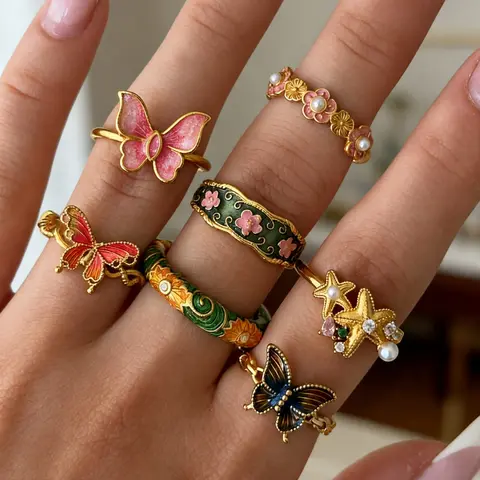 Mother's Day Gift 7-Piece Fashion Retro Enamel Oil-Drip Butterfly & Floral Ring Set, Pearl Accented, Stackable Style, Stackable Finger Rings, Dainty Stacking Rings, Light Luxury Women's Outfit, Beautiful Rings, Fashionable Jewelry
