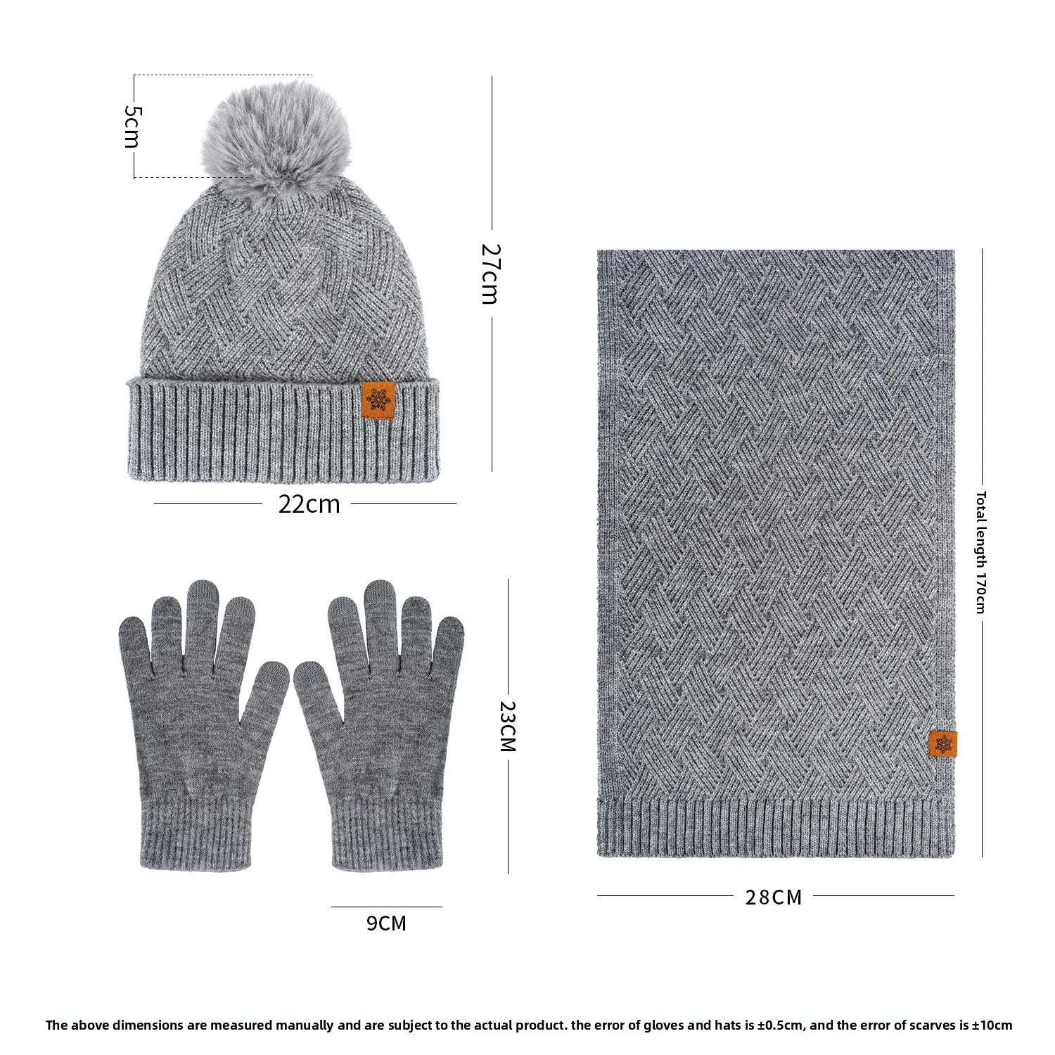 Autumn and winter wool hat scarf gloves three-piece warm double-layer velvet knitted women's knitted hat cross-border