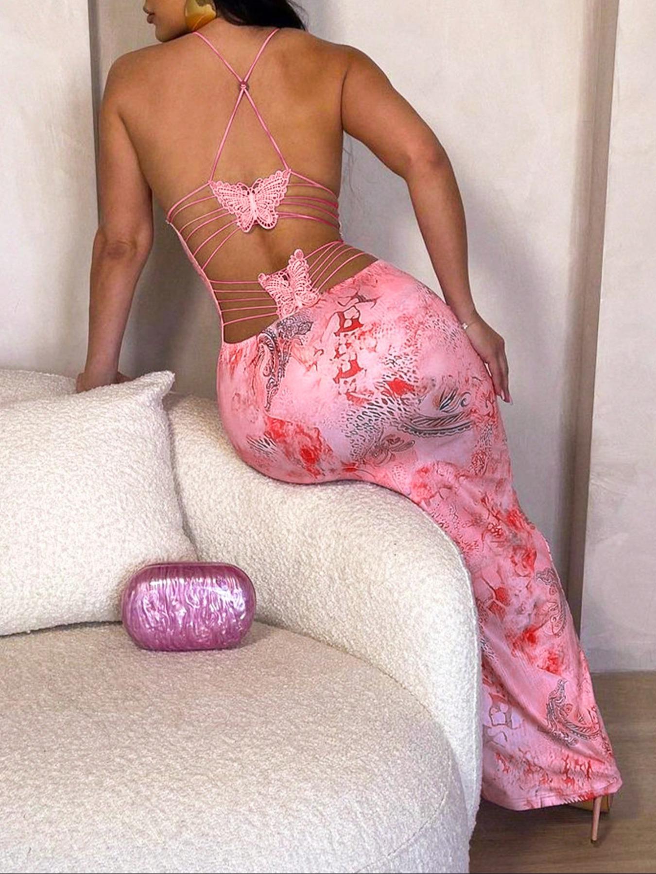 Women's All Over Print Criss Corss Butterfly Decor Backless Cami Dress, Sexy Fashion Style Sleeveless Spaghetti Strap Mini Dress for Beach Club Party, Butterfly Dress for All Seasons Butterfly Dress