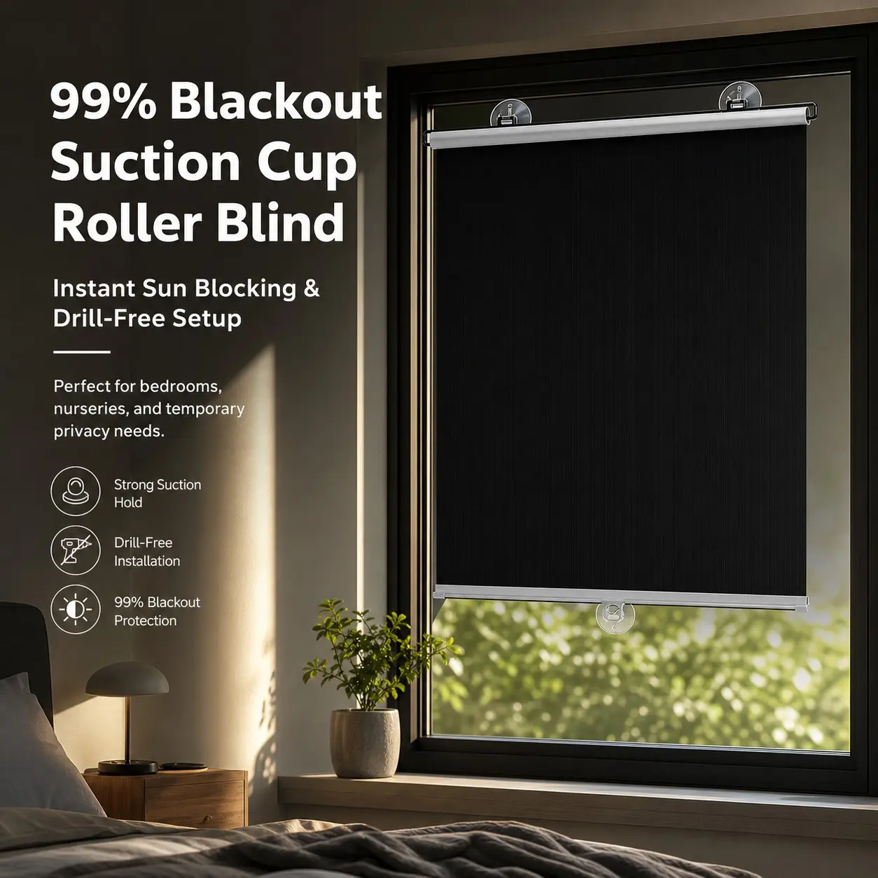 99% Light Block Vacuum Cup Curtain, No Drilling Sunshade, Strong Adhesion Temporary Window Privacy Curtain, Portable Shade for Bedroom Dorm Hotel