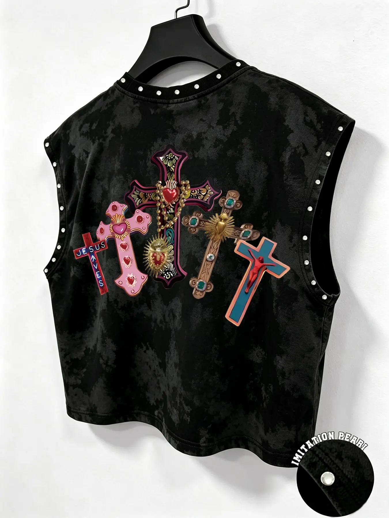 Men Distressed Black Tie Dye Sleeveless Vest With Multi Color Cross Jesus Print Imitation Pearl Rivet Trim Y2K Gothic Hip Hop Street Tank For Workout Daily Street Outfit