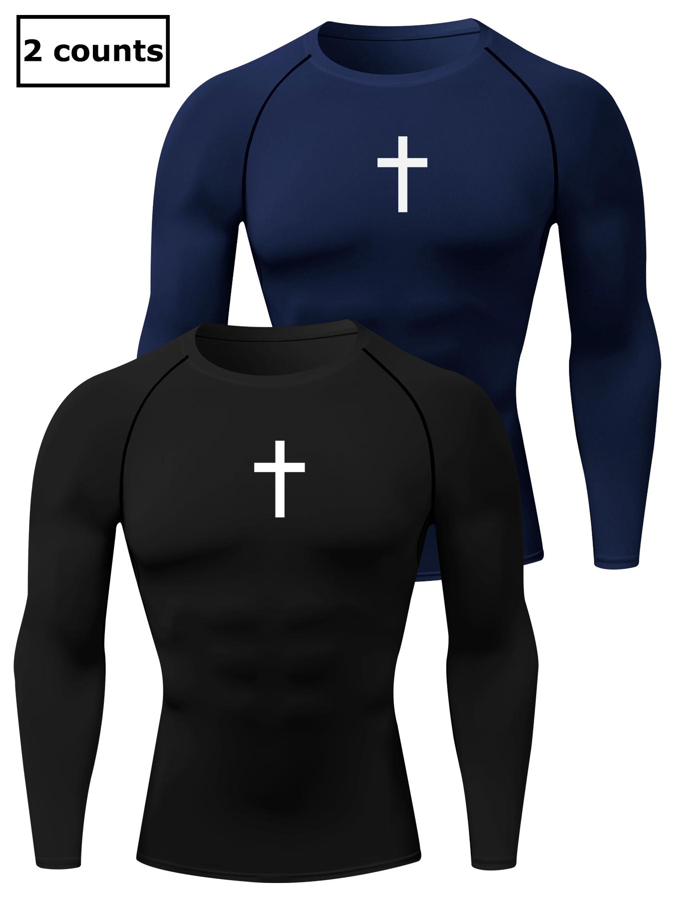 Men's Cross Print Round Neck Sports Tee, Tight Sporty Quick Drying Breathable Long Sleeve T-shirt, Men's Sportswear for Spring & Fall Gym Workout, Athletic Style High Performance Activewear