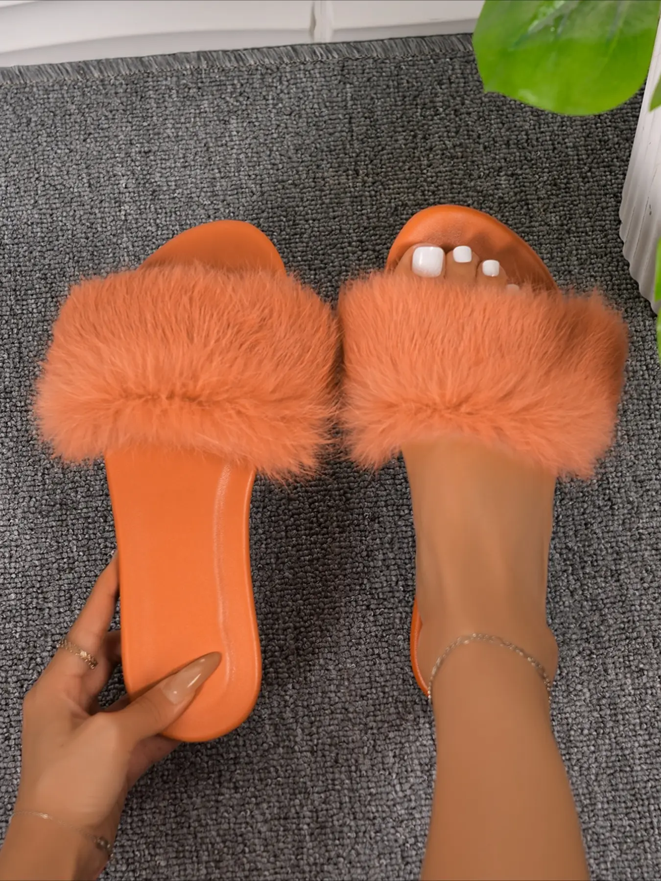 Fluffy pom-pom slide slippers with serrated wedge sole open toe multi-color casual outdoor women fuzzy slides
