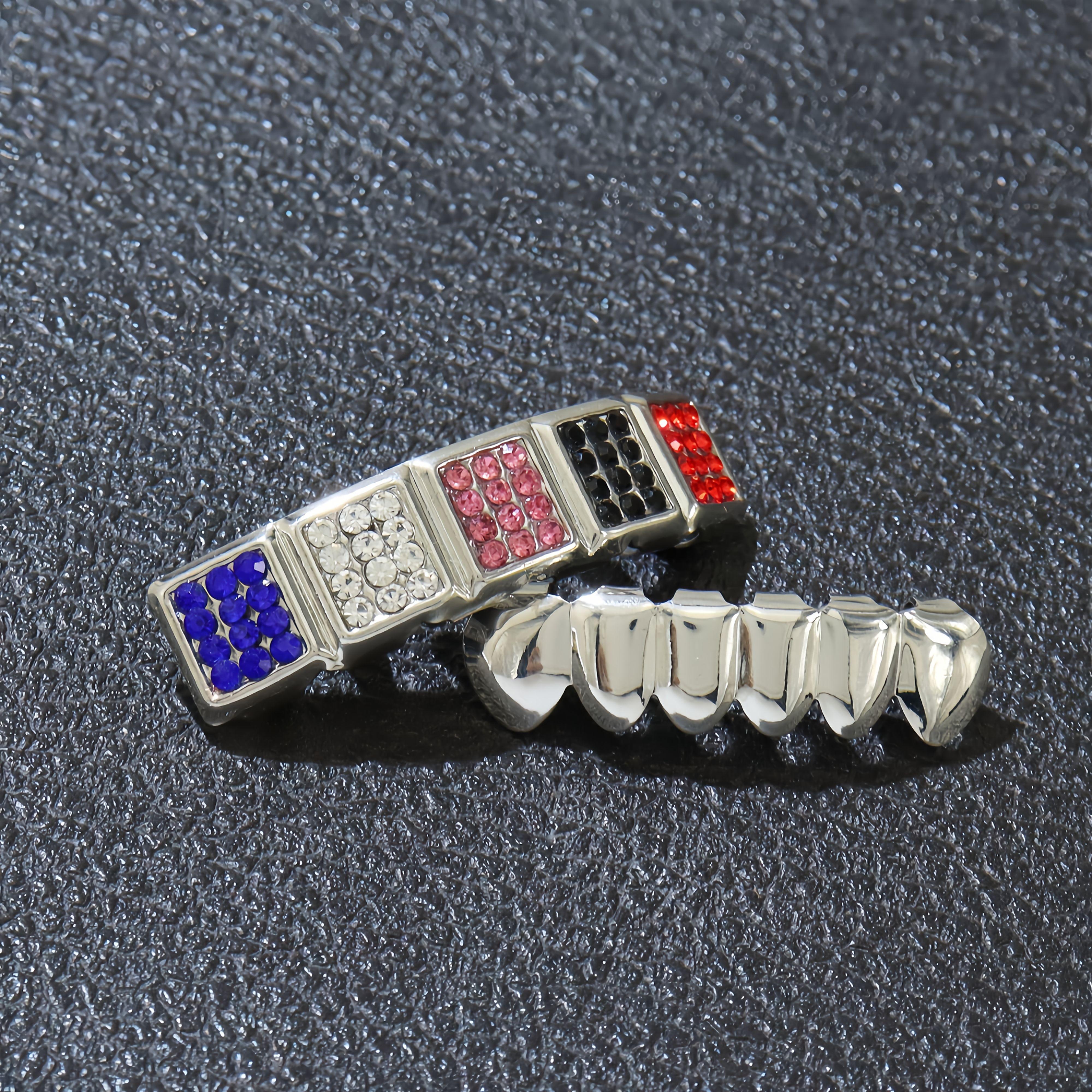 2 pcs Gothic Hip-Hop Style Colorful Zirconia Teeth Grillz - Halloween Jewelry for Men and Women, Halloween Accessories | Bold Fashion Accessory | Durable Zirconia Teeth Grillz