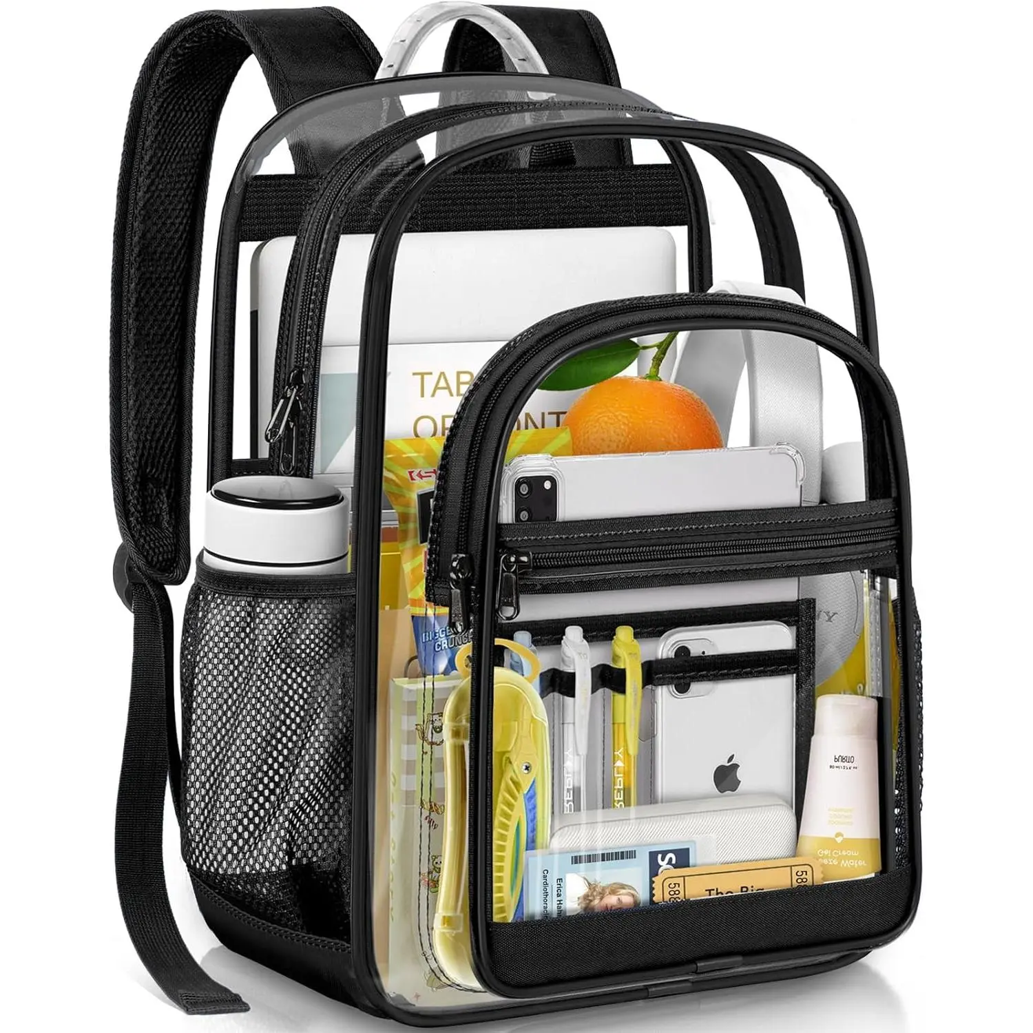 Clear Backpack for School, Heavy Duty PVC Transparent Bookbag for Girls and Boys, See Through Backpack with Multiple Pockets for College Travel Work-Black