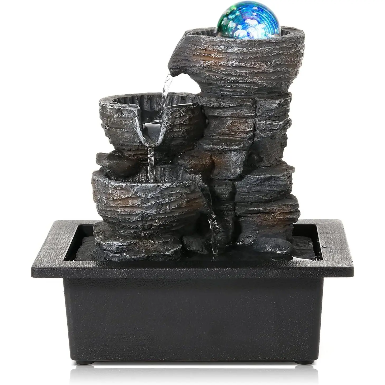 Water Fountain Indoor Tabletop Waterfall Fountain with LED | Colorful Light Indoor Fountains and Waterfalls with Rolling Ball, Quiet Pump for Relaxation, Zen  & Office Desk Décor