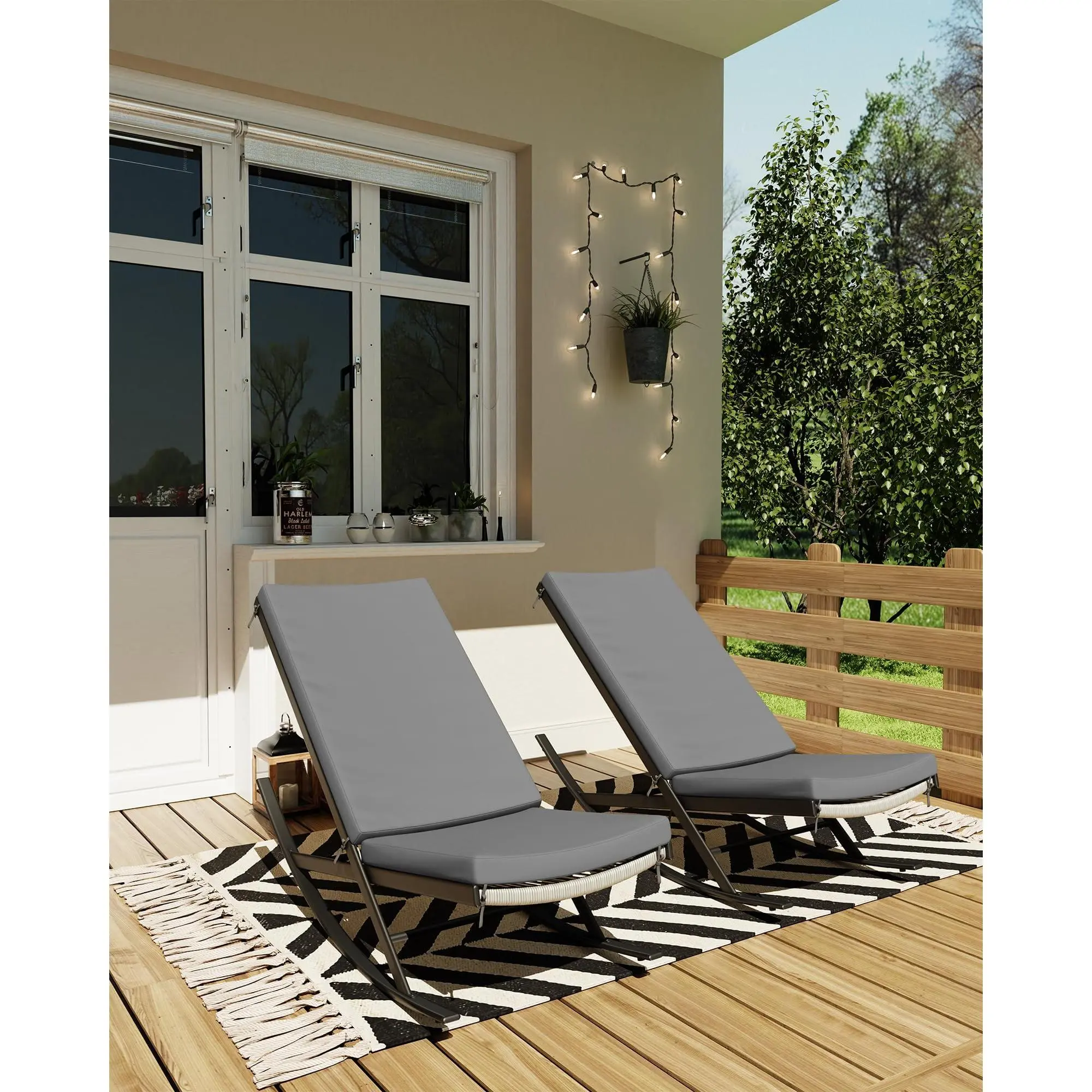 Set of 2 Metal Frame PE Rattan Rocking Chairs with Soft Cushions, Outdoor Wicker Rocker Lounge Chairs for Patio, Porch, Garden and Backyard Lawn