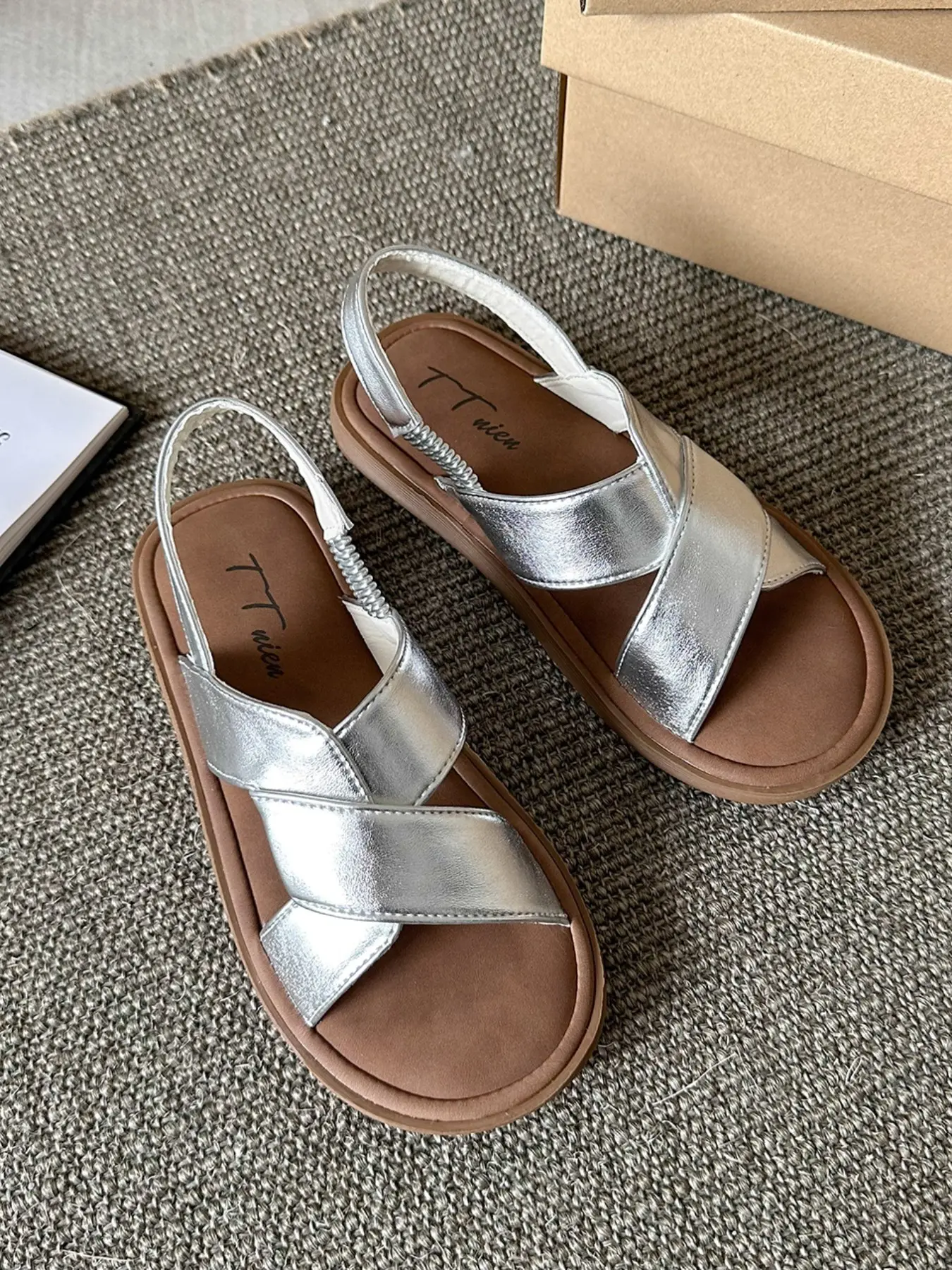 Women Crisscross Wide Strap Elastic Ankle Strap Platform Sandals Summer Open Toe Casual Slides, Hollow Cross Band Stretch Rear Strap Cushioned Non-Slip Wave Thick Sole Beach Daily Footwear, 3 Colors Metallic Silver Off White Black